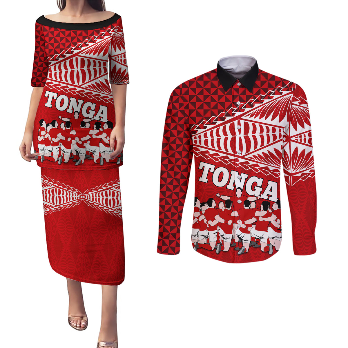 personalised-tonga-rugby-couples-matching-puletasi-dress-and-long-sleeve-button-shirts-sipi-tau-dance-ngatu-pattern