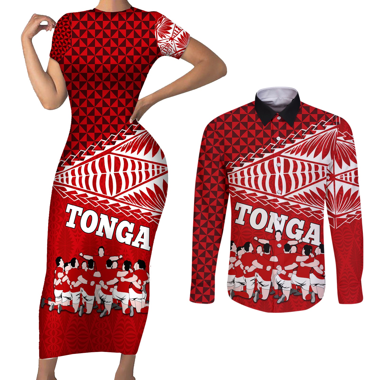 Personalised Tonga Rugby Couples Matching Short Sleeve Bodycon Dress and Long Sleeve Button Shirts Sipi Tau Dance Ngatu Pattern LT03 Red - Polynesian Pride