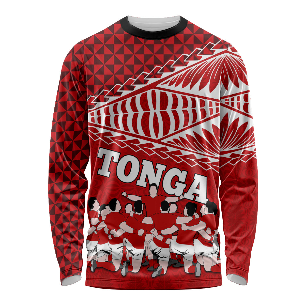 Personalised Tonga Rugby Long Sleeve Shirt Sipi Tau Dance Ngatu Pattern LT03 Unisex Red - Polynesian Pride