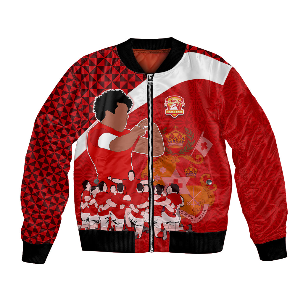 Tonga Rugby Bomber Jacket Sipi Tau Dance Coat of Arms Ngatu Pattern LT03 Unisex Red - Polynesian Pride