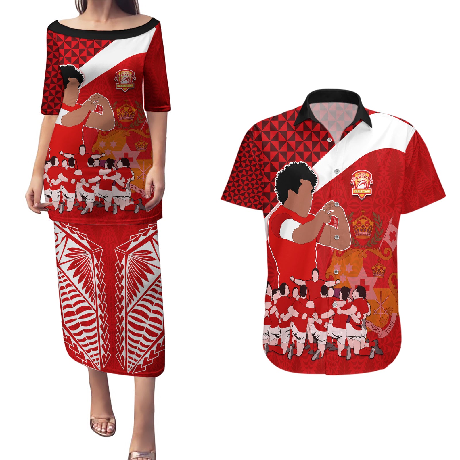 tonga-rugby-couples-matching-puletasi-dress-and-hawaiian-shirt-sipi-tau-dance-coat-of-arms-ngatu-pattern