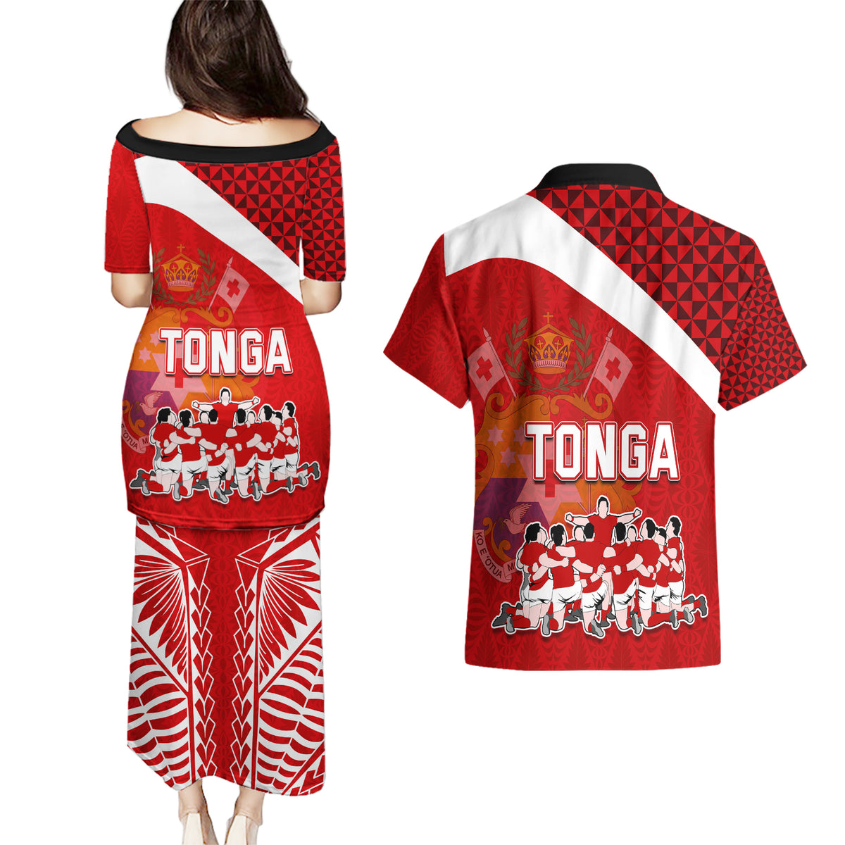 tonga-rugby-couples-matching-puletasi-dress-and-hawaiian-shirt-sipi-tau-dance-coat-of-arms-ngatu-pattern
