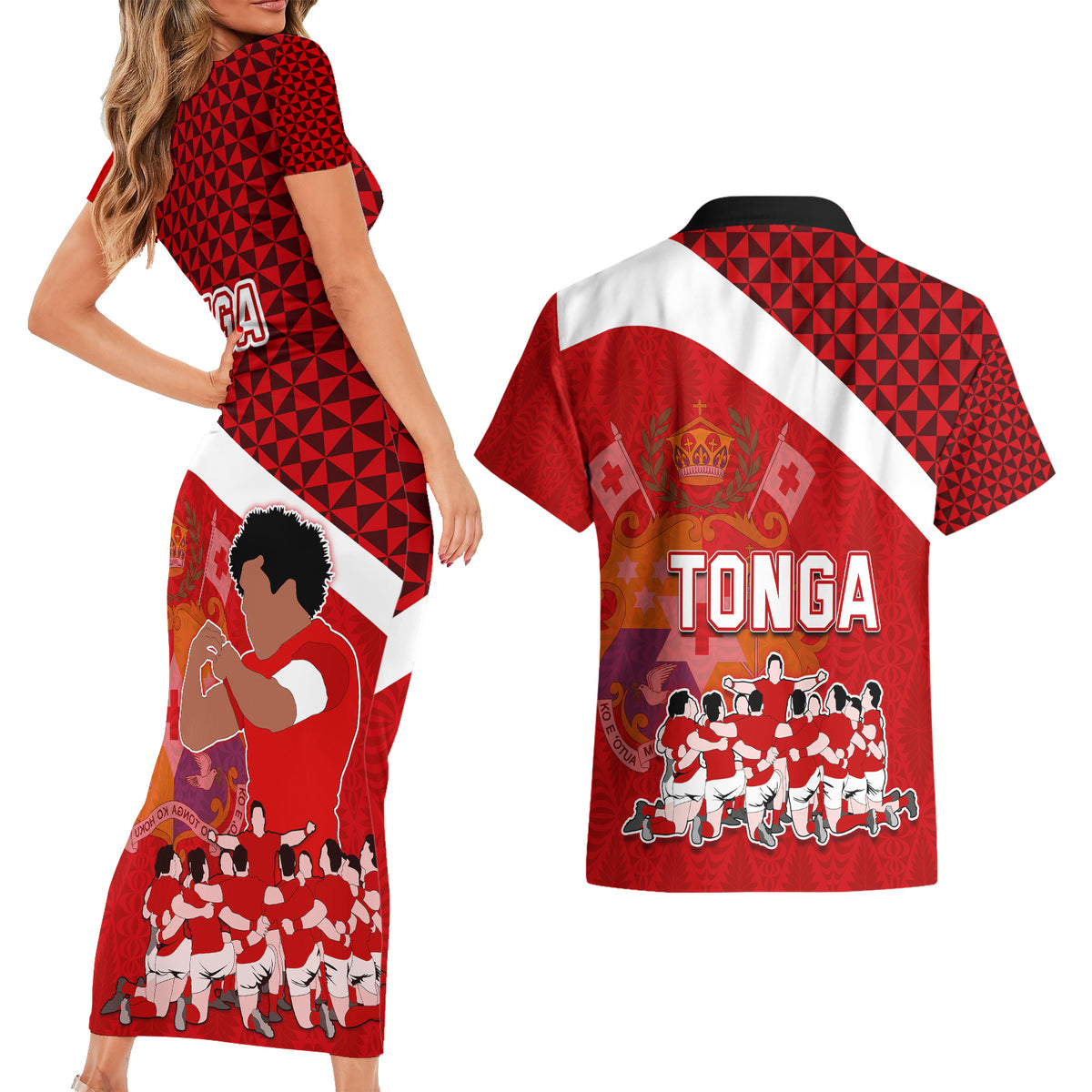 tonga-rugby-couples-matching-short-sleeve-bodycon-dress-and-hawaiian-shirt-sipi-tau-dance-coat-of-arms-ngatu-pattern