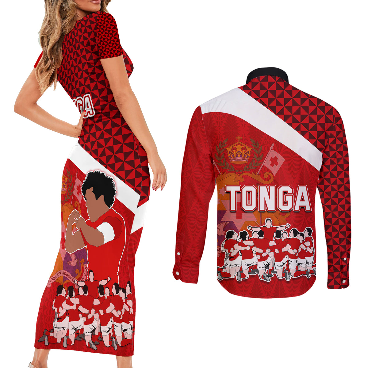 tonga-rugby-couples-matching-short-sleeve-bodycon-dress-and-long-sleeve-button-shirts-sipi-tau-dance-coat-of-arms-ngatu-pattern
