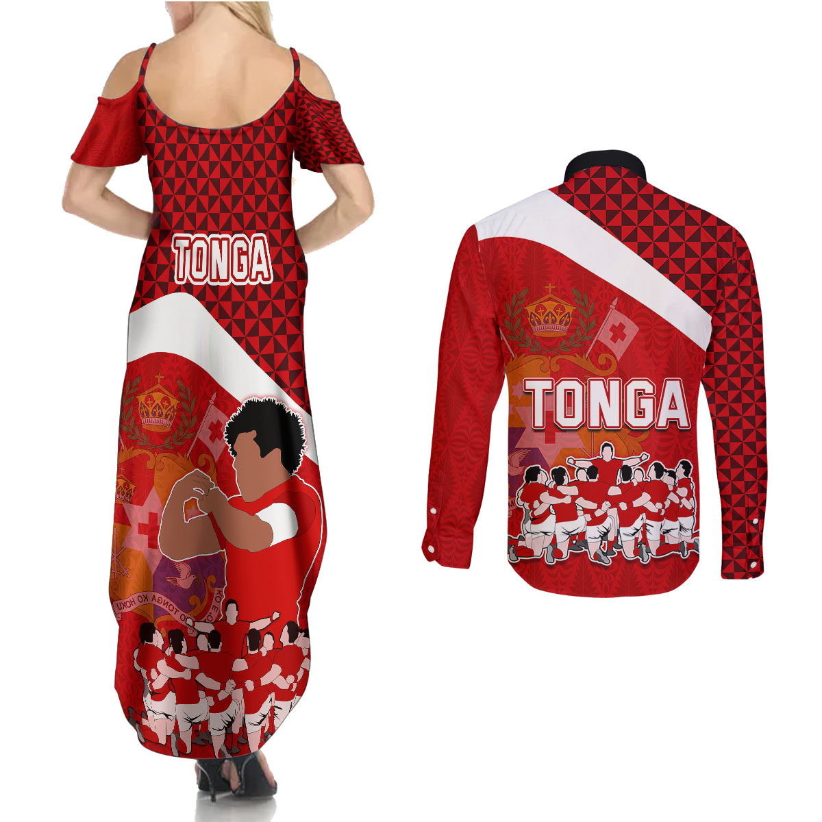 tonga-rugby-couples-matching-summer-maxi-dress-and-long-sleeve-button-shirts-sipi-tau-dance-coat-of-arms-ngatu-pattern