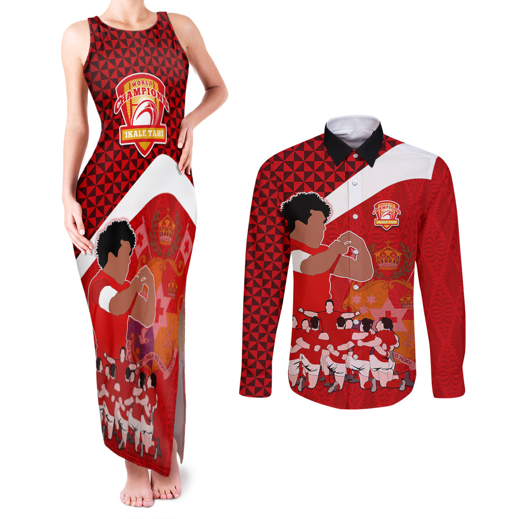 Tonga Rugby Couples Matching Tank Maxi Dress and Long Sleeve Button Shirts Sipi Tau Dance Coat of Arms Ngatu Pattern LT03 Red - Polynesian Pride