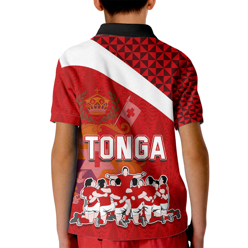 Tonga Rugby Kid Polo Shirt Sipi Tau Dance Coat of Arms Ngatu Pattern LT03 - Polynesian Pride