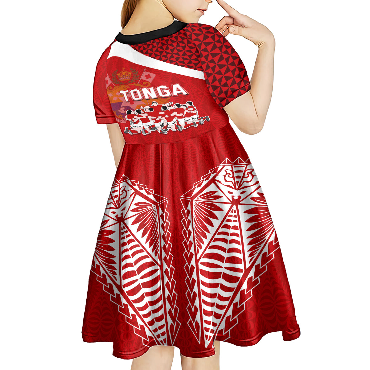 tonga-rugby-kid-short-sleeve-dress-sipi-tau-dance-coat-of-arms-ngatu-pattern