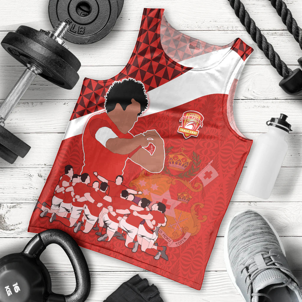 Tonga Rugby Men Tank Top Sipi Tau Dance Coat of Arms Ngatu Pattern LT03 Red - Polynesian Pride
