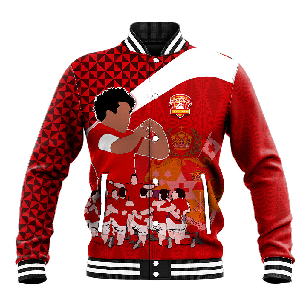 Personalised Tonga Rugby Baseball Jacket Sipi Tau Dance Coat of Arms Ngatu Pattern LT03 Unisex Red - Polynesian Pride
