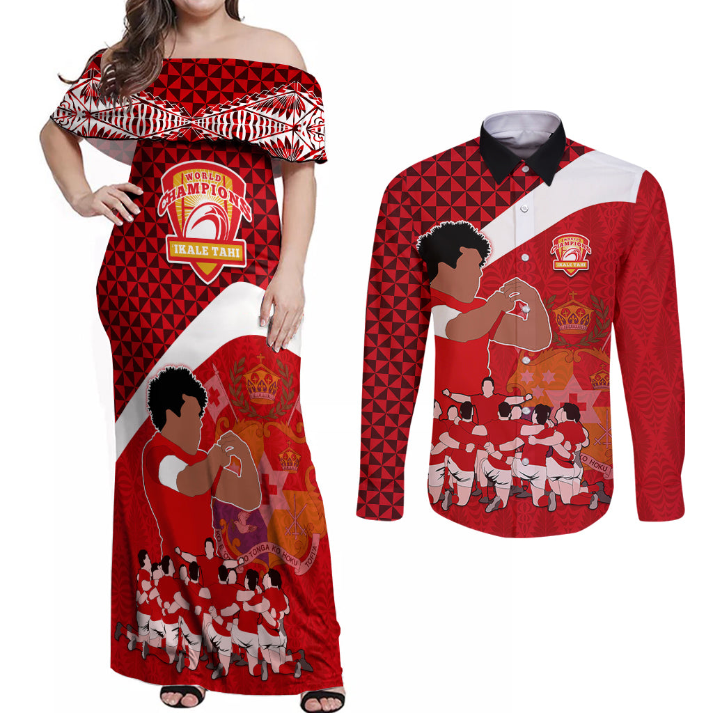 Personalised Tonga Rugby Couples Matching Off Shoulder Maxi Dress and Long Sleeve Button Shirts Sipi Tau Dance Coat of Arms Ngatu Pattern LT03 Red - Polynesian Pride