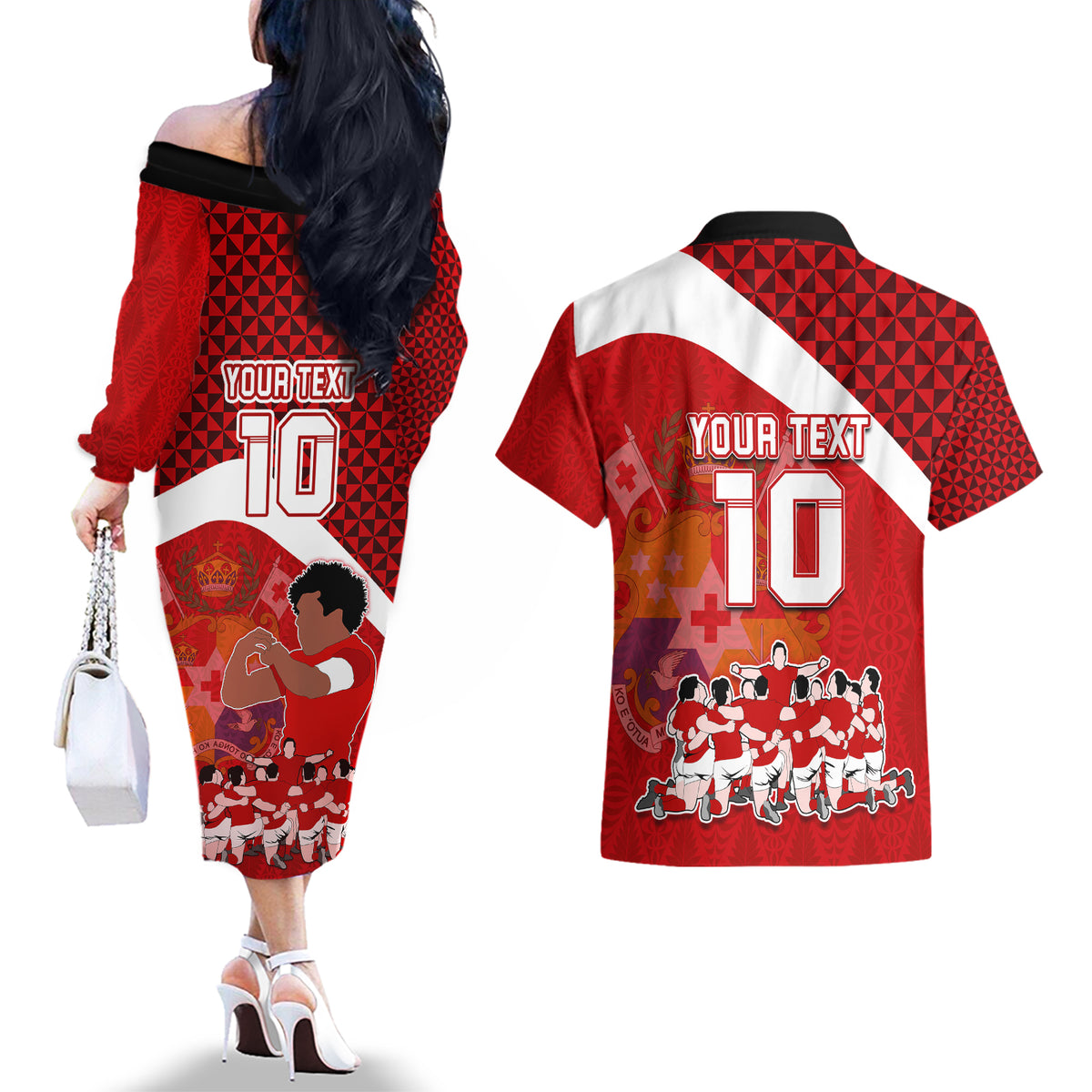 personalised-tonga-rugby-couples-matching-off-the-shoulder-long-sleeve-dress-and-hawaiian-shirt-sipi-tau-dance-coat-of-arms-ngatu-pattern