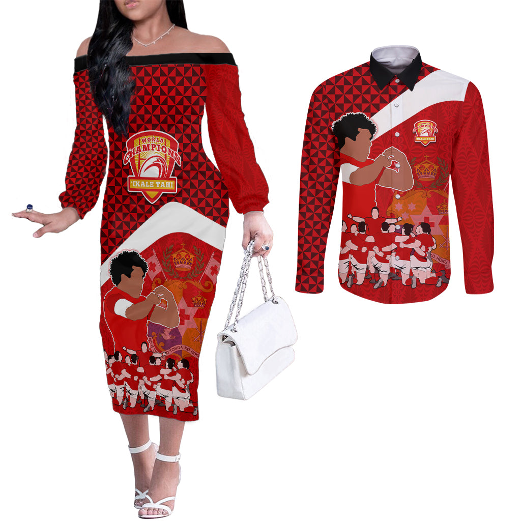 Personalised Tonga Rugby Couples Matching Off The Shoulder Long Sleeve Dress and Long Sleeve Button Shirts Sipi Tau Dance Coat of Arms Ngatu Pattern LT03 Red - Polynesian Pride