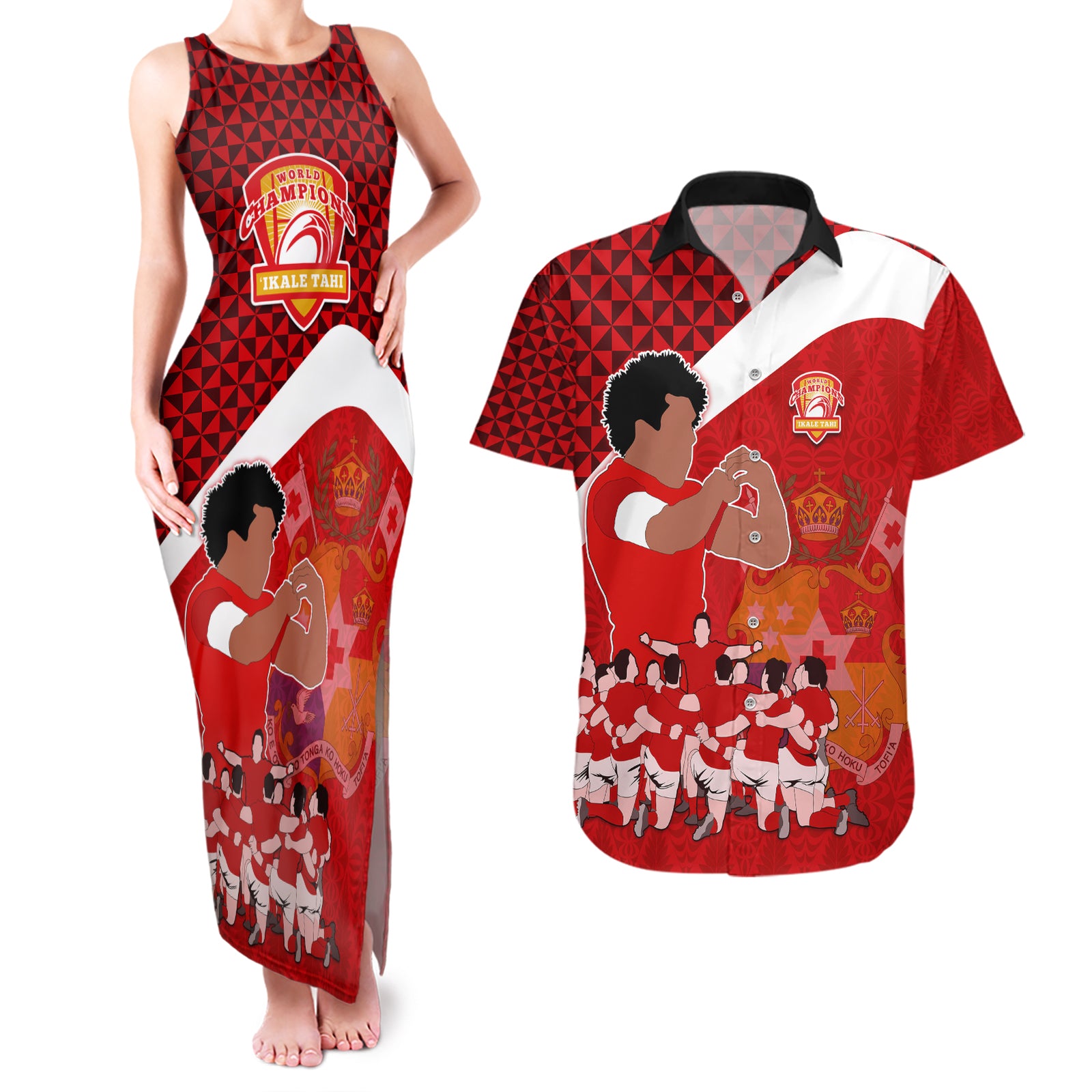 personalised-tonga-rugby-couples-matching-tank-maxi-dress-and-hawaiian-shirt-sipi-tau-dance-coat-of-arms-ngatu-pattern
