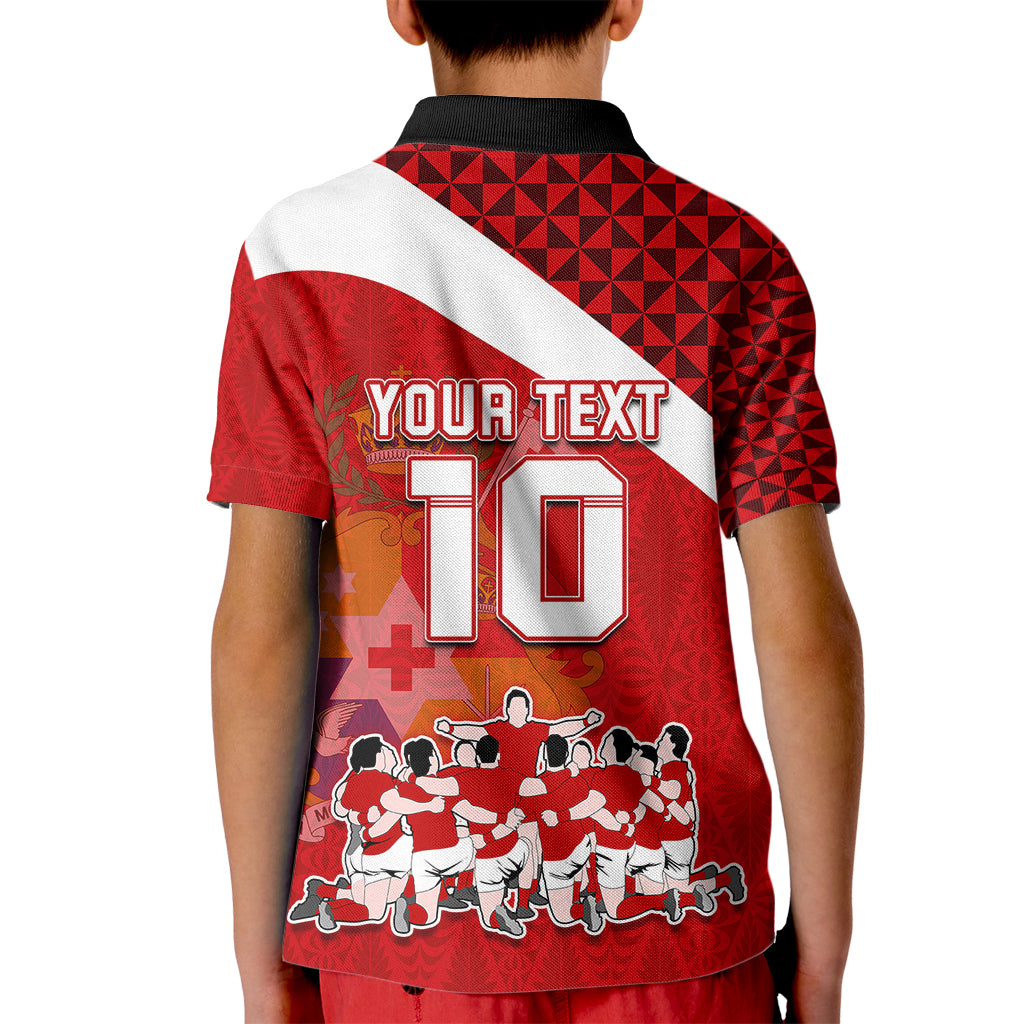 Personalised Tonga Rugby Kid Polo Shirt Sipi Tau Dance Coat of Arms Ngatu Pattern LT03 - Polynesian Pride