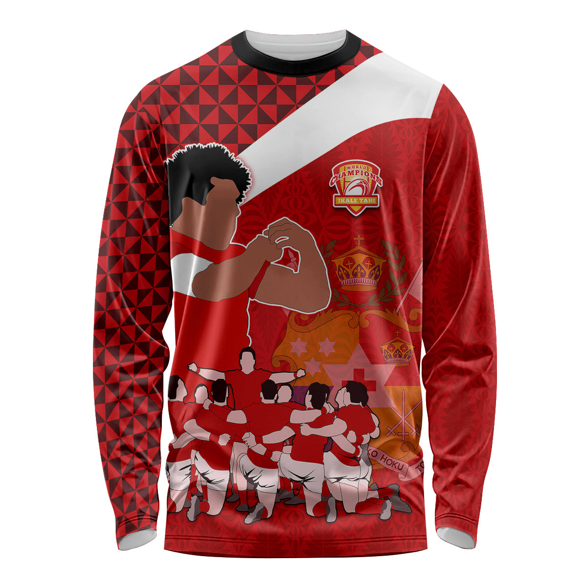 Personalised Tonga Rugby Long Sleeve Shirt Sipi Tau Dance Coat of Arms Ngatu Pattern LT03 Unisex Red - Polynesian Pride