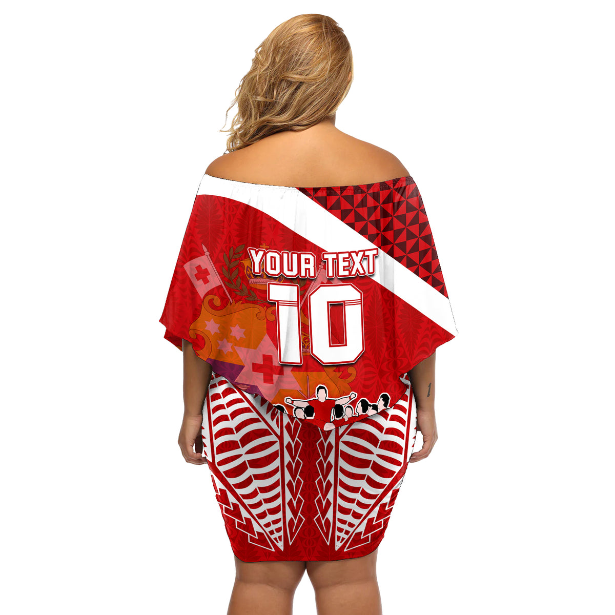 personalised-tonga-rugby-off-shoulder-short-dress-sipi-tau-dance-coat-of-arms-ngatu-pattern