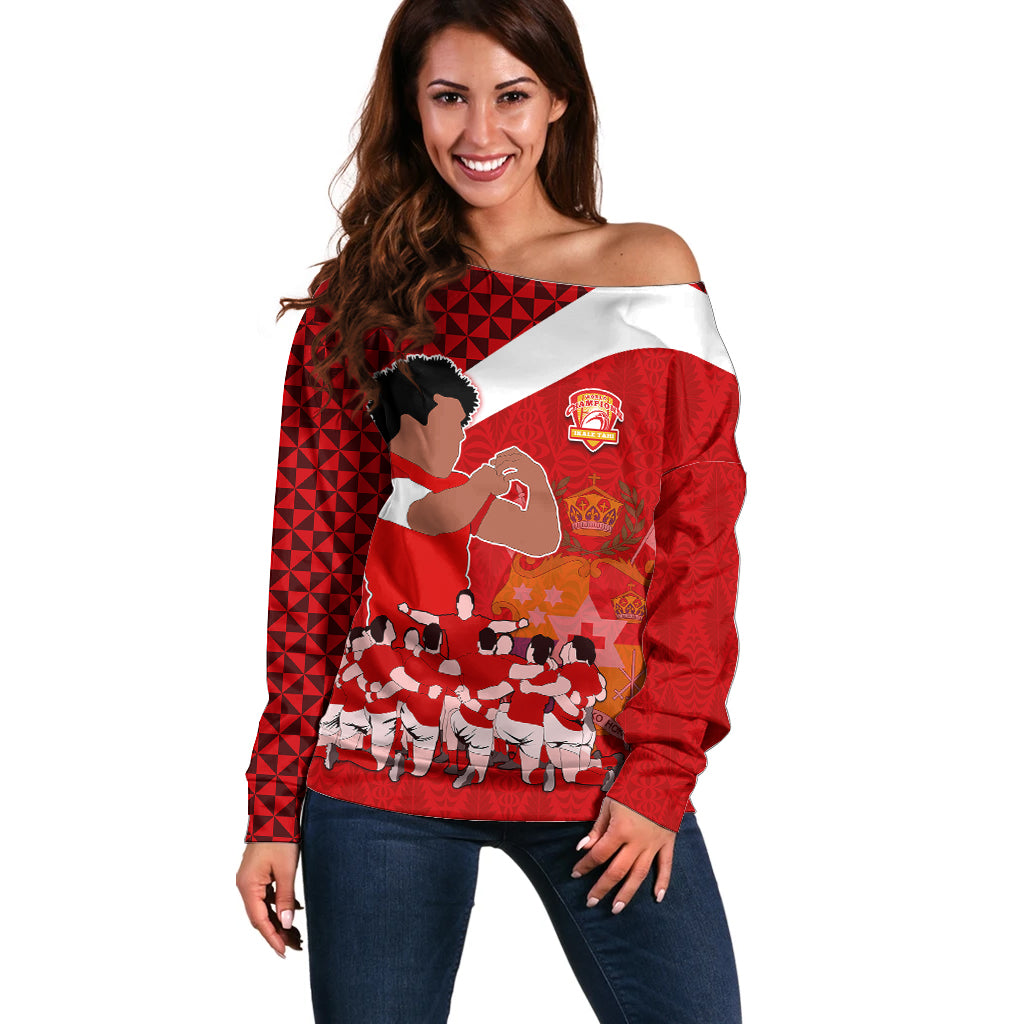 Personalised Tonga Rugby Off Shoulder Sweater Sipi Tau Dance Coat of Arms Ngatu Pattern LT03 Women Red - Polynesian Pride
