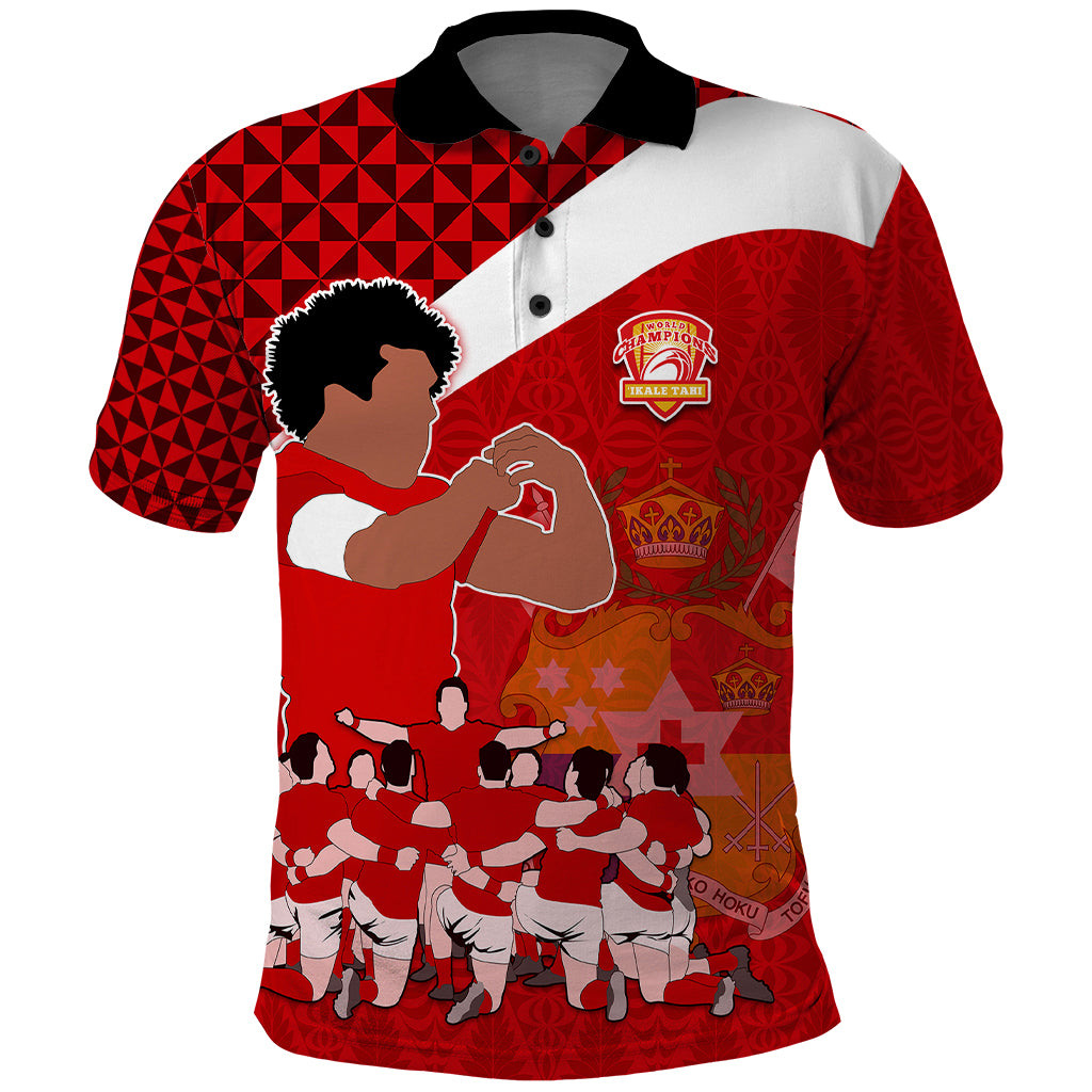 Personalised Tonga Rugby Polo Shirt Sipi Tau Dance Coat of Arms Ngatu Pattern LT03 Red - Polynesian Pride