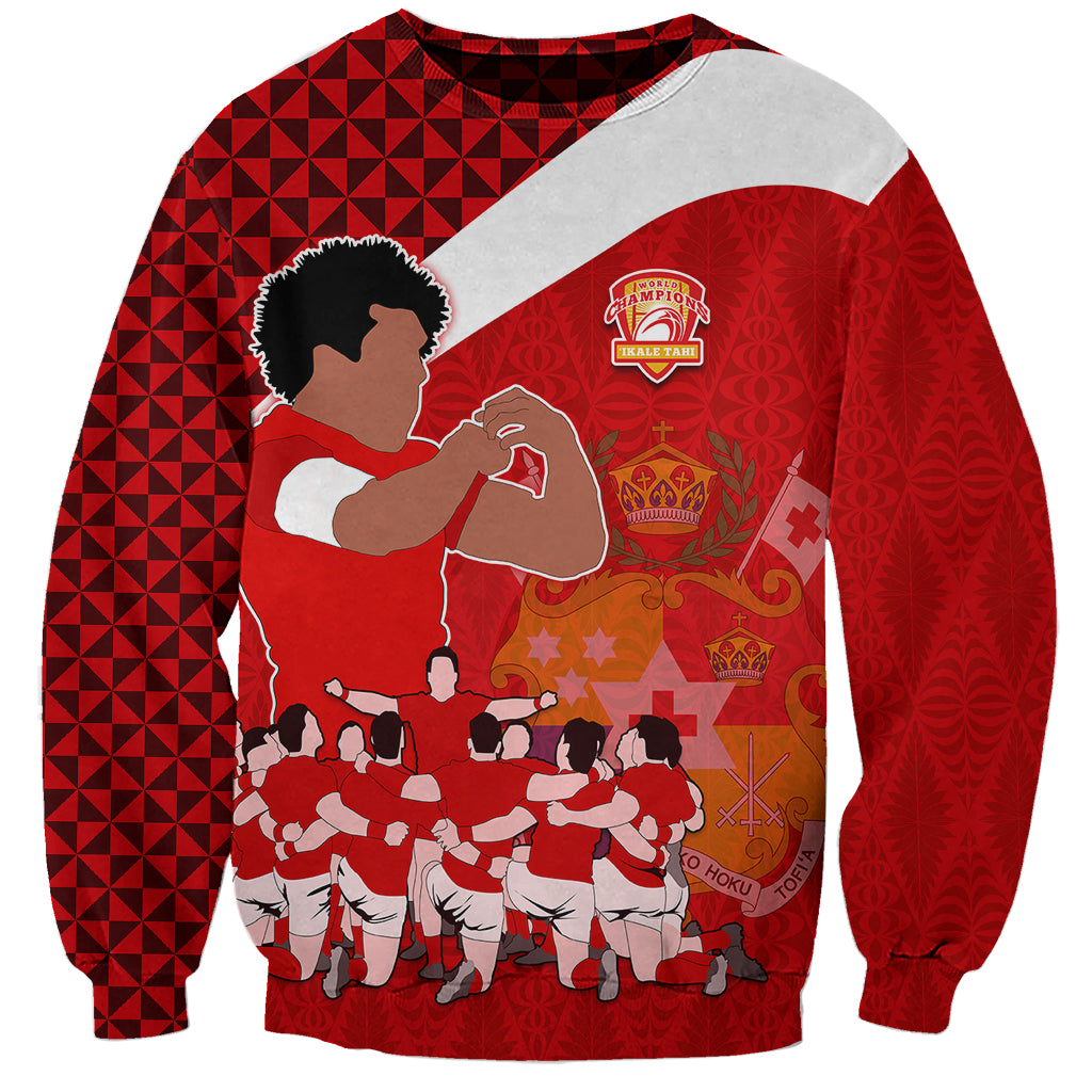 Personalised Tonga Rugby Sweatshirt Sipi Tau Dance Coat of Arms Ngatu Pattern LT03 Unisex Red - Polynesian Pride
