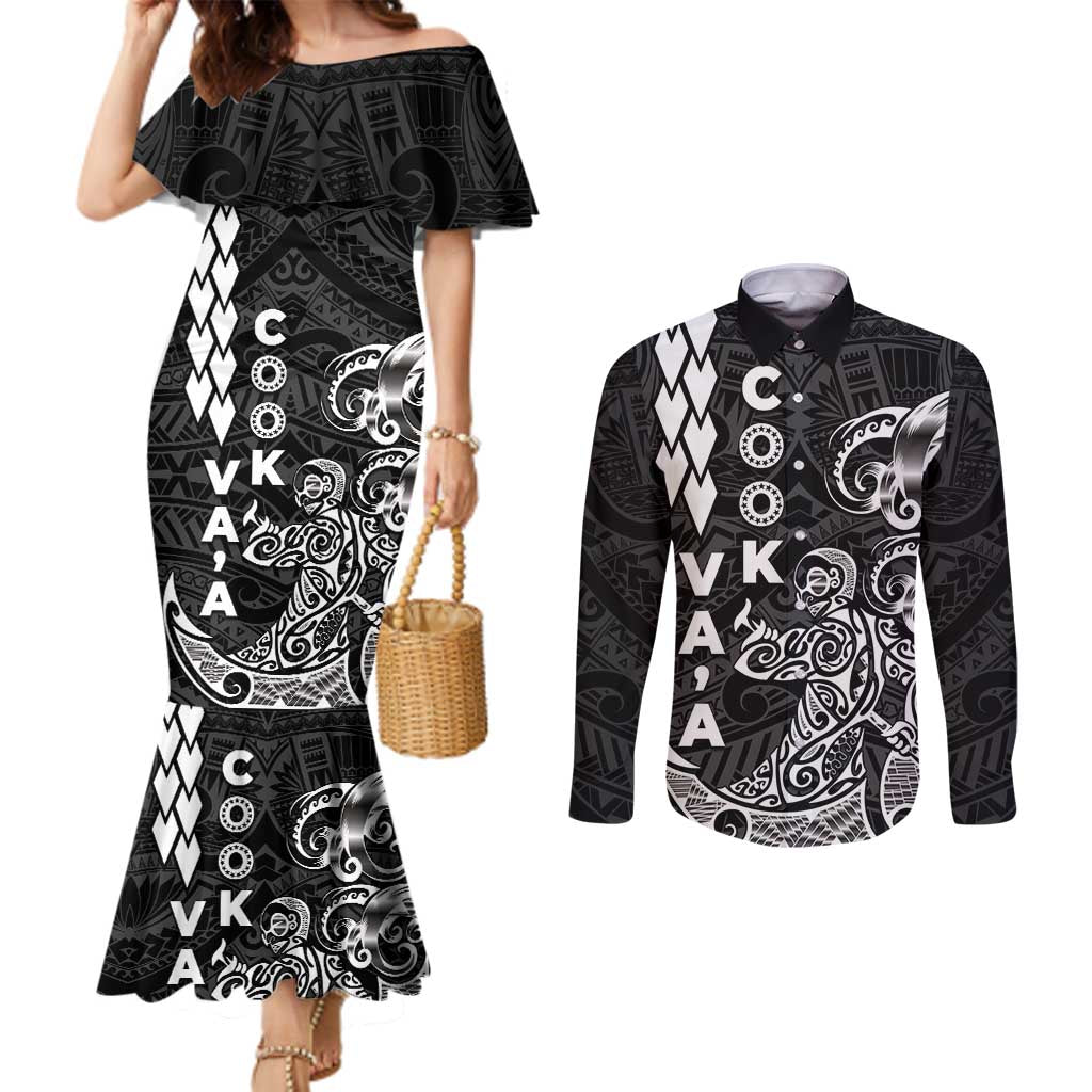 Cook Islands Vaa Polynesian Art Tattoo Couples Matching Mermaid Dress and Long Sleeve Button Shirt Black Color