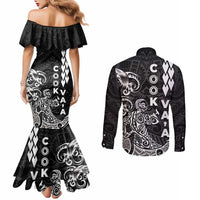 Cook Islands Vaa Polynesian Art Tattoo Couples Matching Mermaid Dress and Long Sleeve Button Shirt Black Color