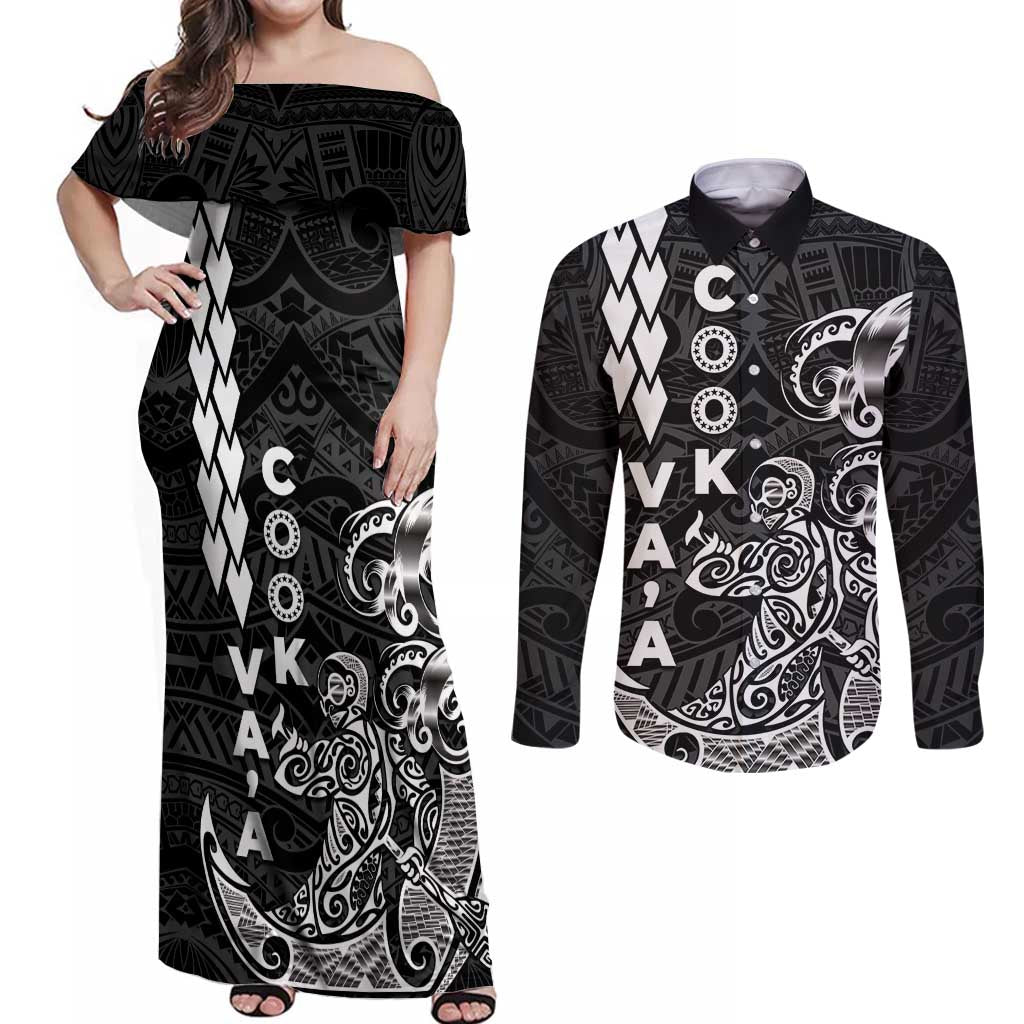 Cook Islands Vaa Polynesian Art Tattoo Couples Matching Off Shoulder Maxi Dress and Long Sleeve Button Shirt Black Color