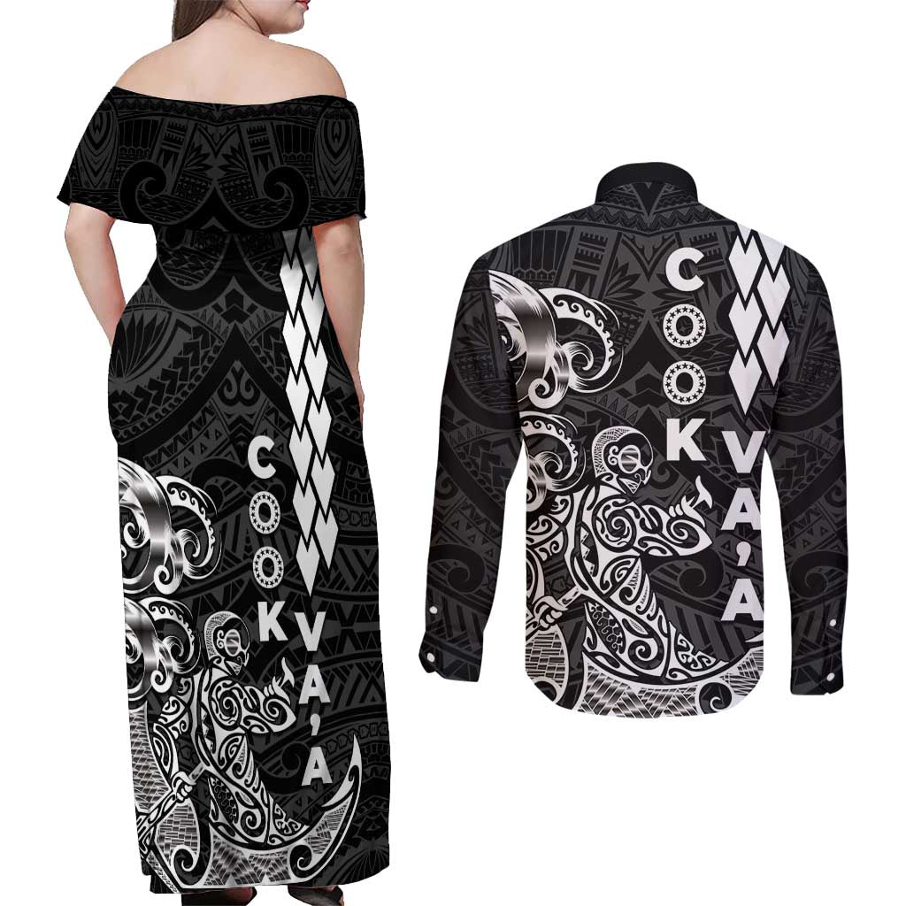 Cook Islands Vaa Polynesian Art Tattoo Couples Matching Off Shoulder Maxi Dress and Long Sleeve Button Shirt Black Color