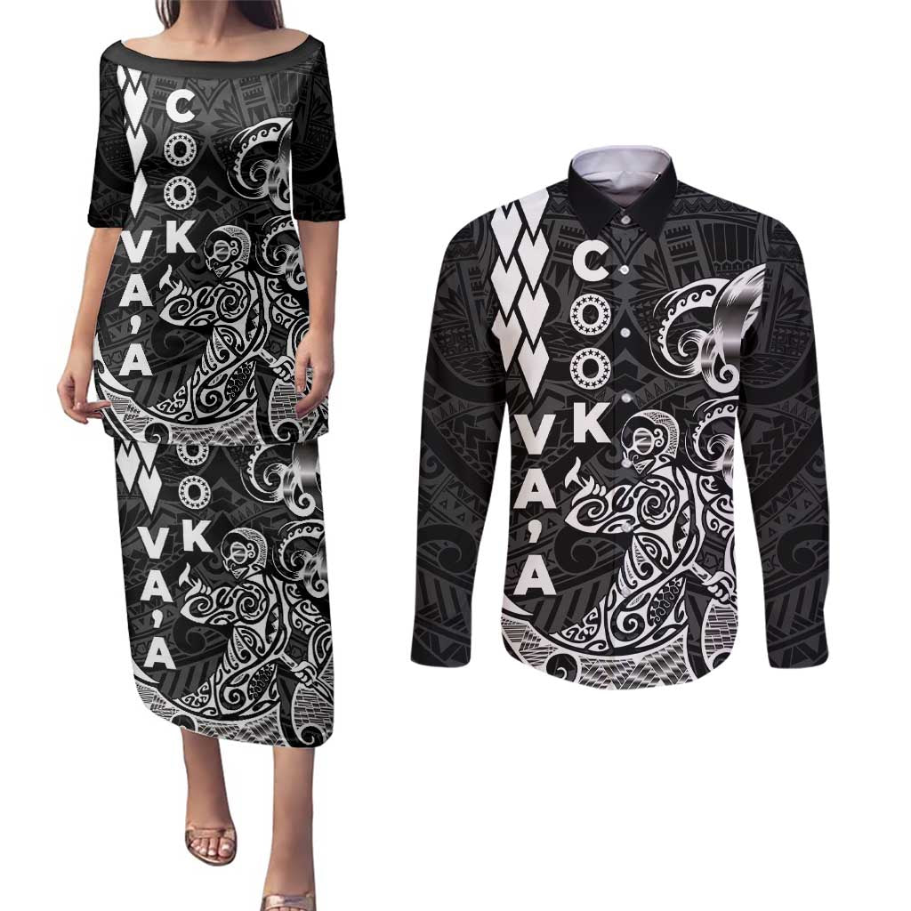 Cook Islands Vaa Polynesian Art Tattoo Couples Matching Puletasi and Long Sleeve Button Shirt Black Color
