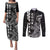 Cook Islands Vaa Polynesian Art Tattoo Couples Matching Puletasi and Long Sleeve Button Shirt Black Color