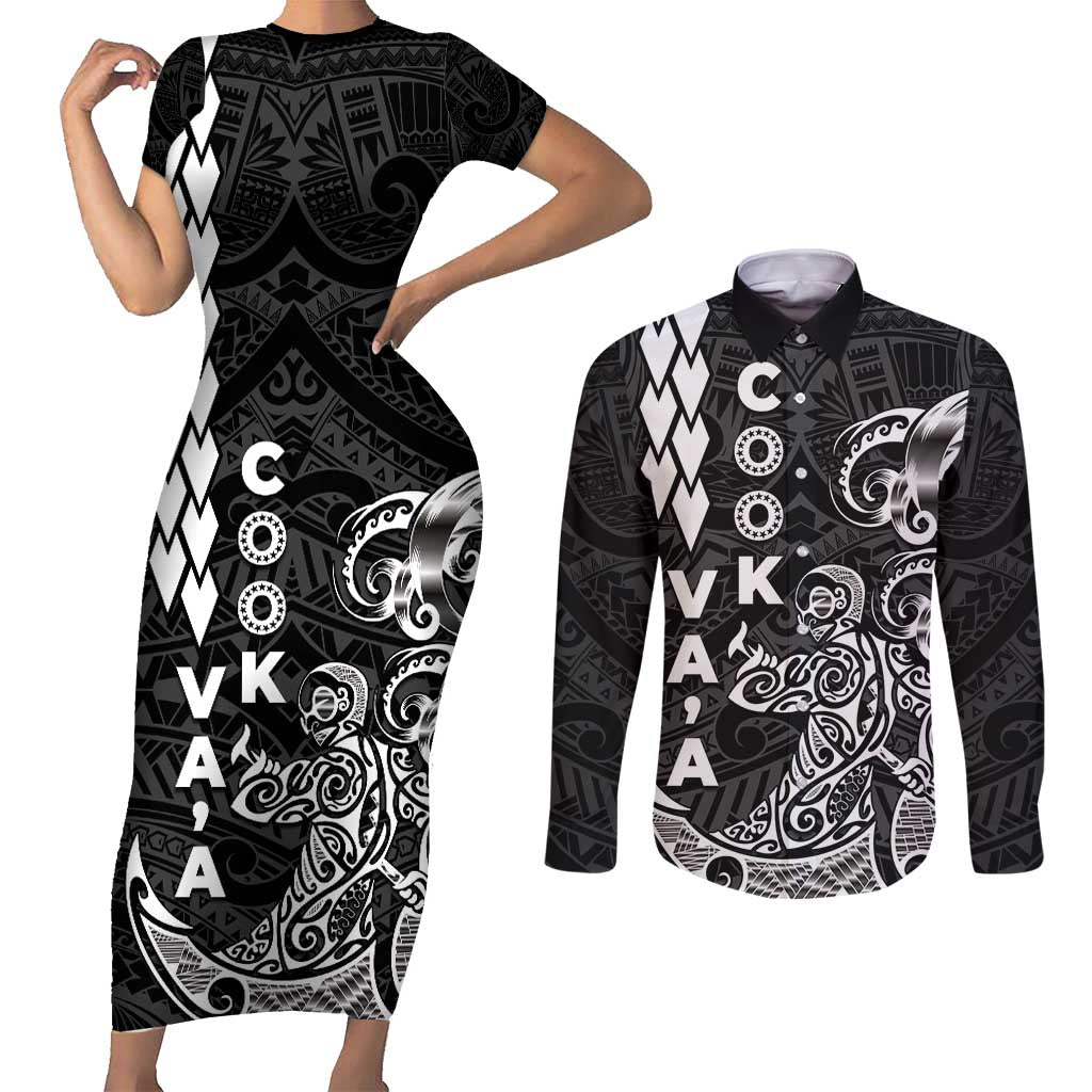 Cook Islands Vaa Polynesian Art Tattoo Couples Matching Short Sleeve Bodycon Dress and Long Sleeve Button Shirt Black Color
