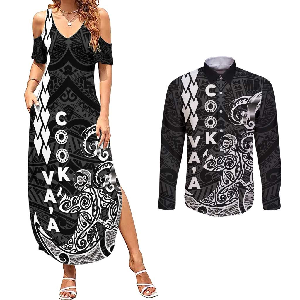 Cook Islands Vaa Polynesian Art Tattoo Couples Matching Summer Maxi Dress and Long Sleeve Button Shirt Black Color
