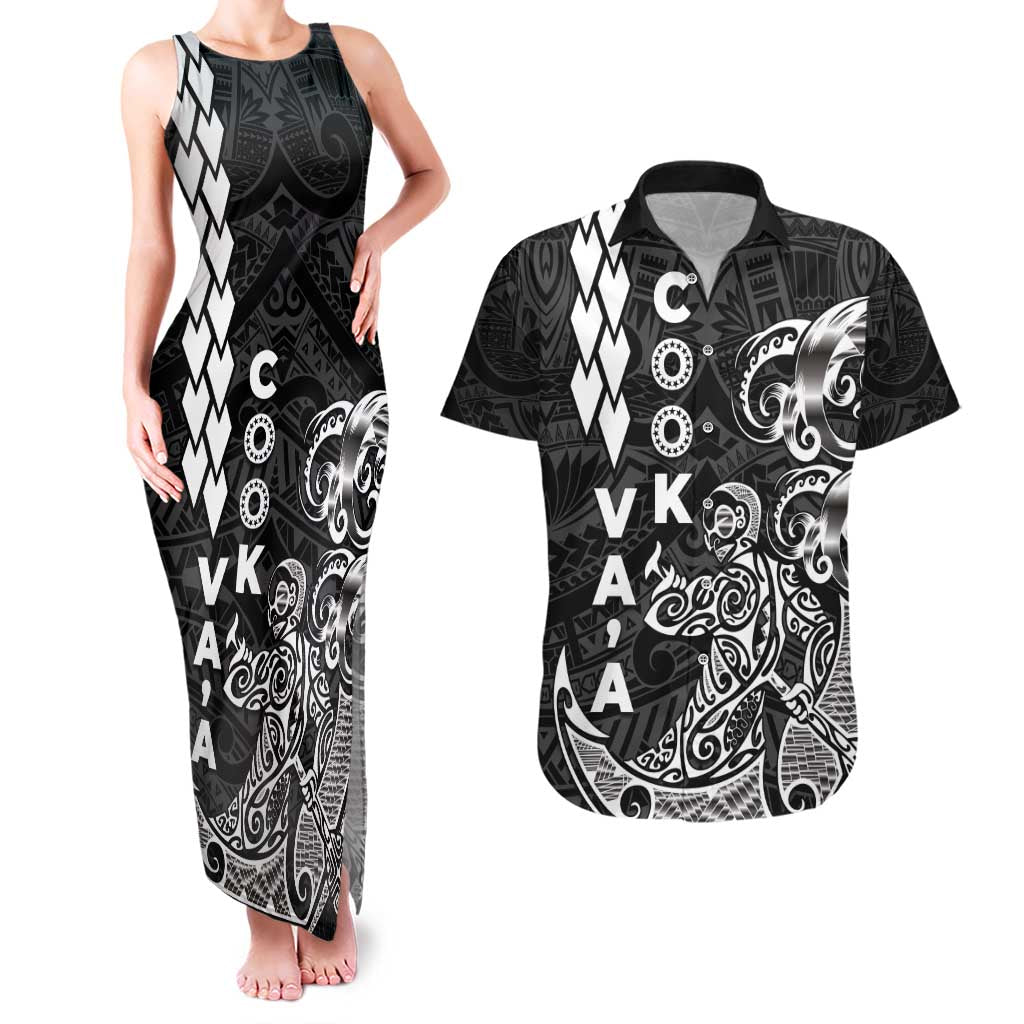 Cook Islands Vaa Polynesian Art Tattoo Couples Matching Tank Maxi Dress and Hawaiian Shirt Black Color