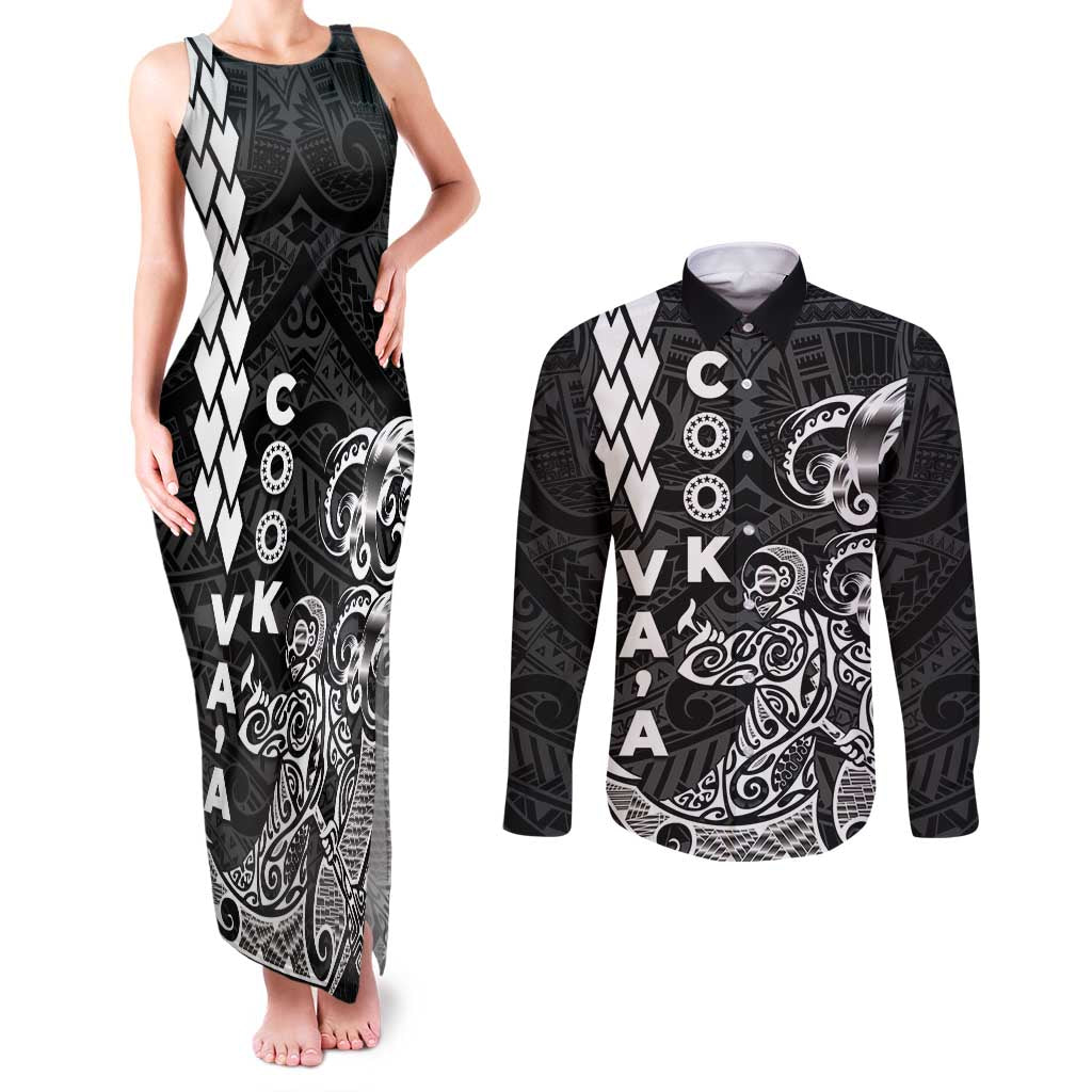 Cook Islands Vaa Polynesian Art Tattoo Couples Matching Tank Maxi Dress and Long Sleeve Button Shirt Black Color
