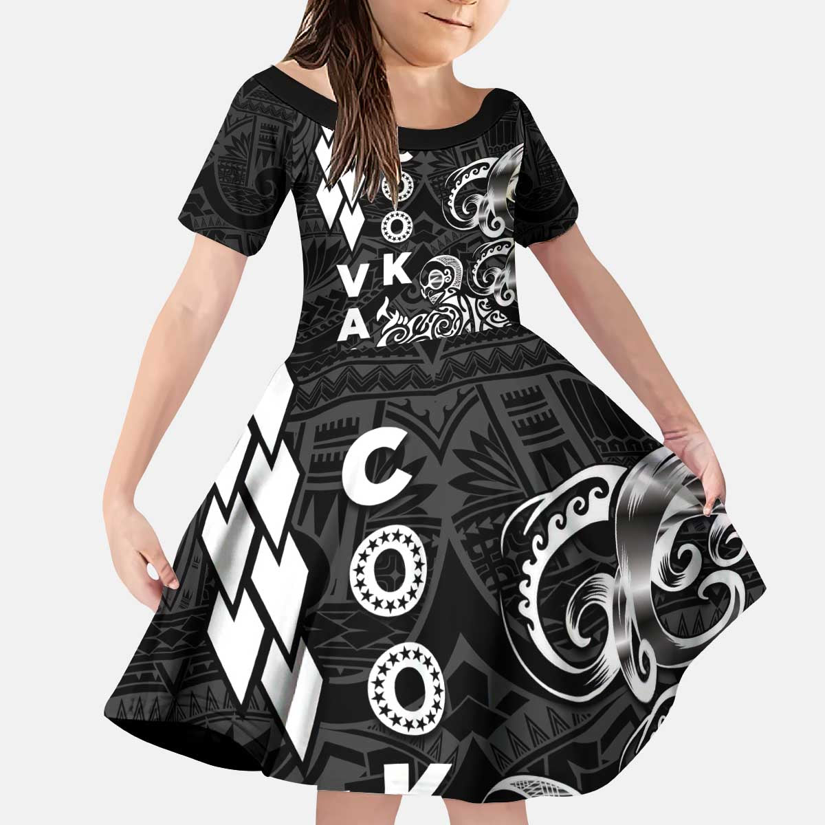 Cook Islands Vaa Polynesian Art Tattoo Kid Short Sleeve Dress Black Color