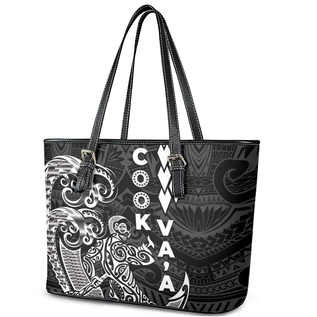 Cook Islands Vaa Polynesian Art Tattoo Leather Tote Bag Black Color