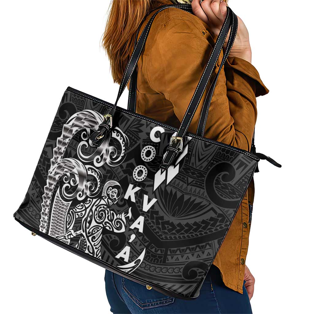 Cook Islands Vaa Polynesian Art Tattoo Leather Tote Bag Black Color