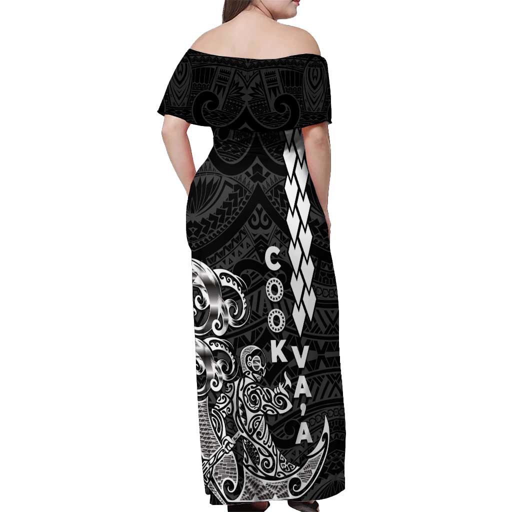 Cook Islands Vaa Polynesian Art Tattoo Off Shoulder Maxi Dress Black Color