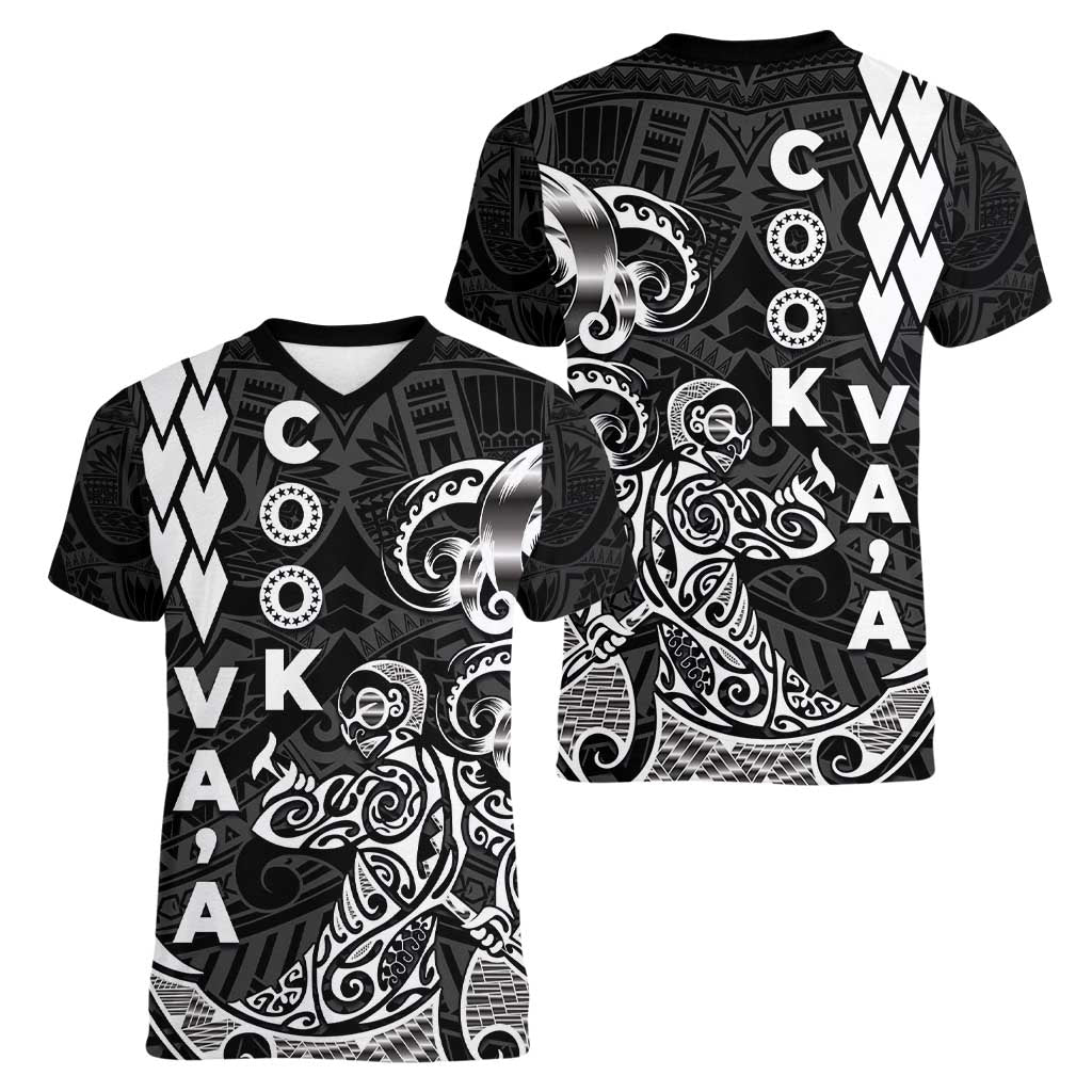 Cook Islands Vaa Polynesian Art Tattoo Women V-Neck T-Shirt Black Color