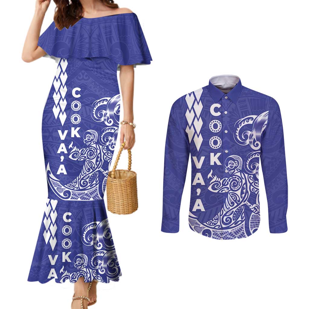 Cook Islands Vaa Polynesian Art Tattoo Couples Matching Mermaid Dress and Long Sleeve Button Shirt Blue Color