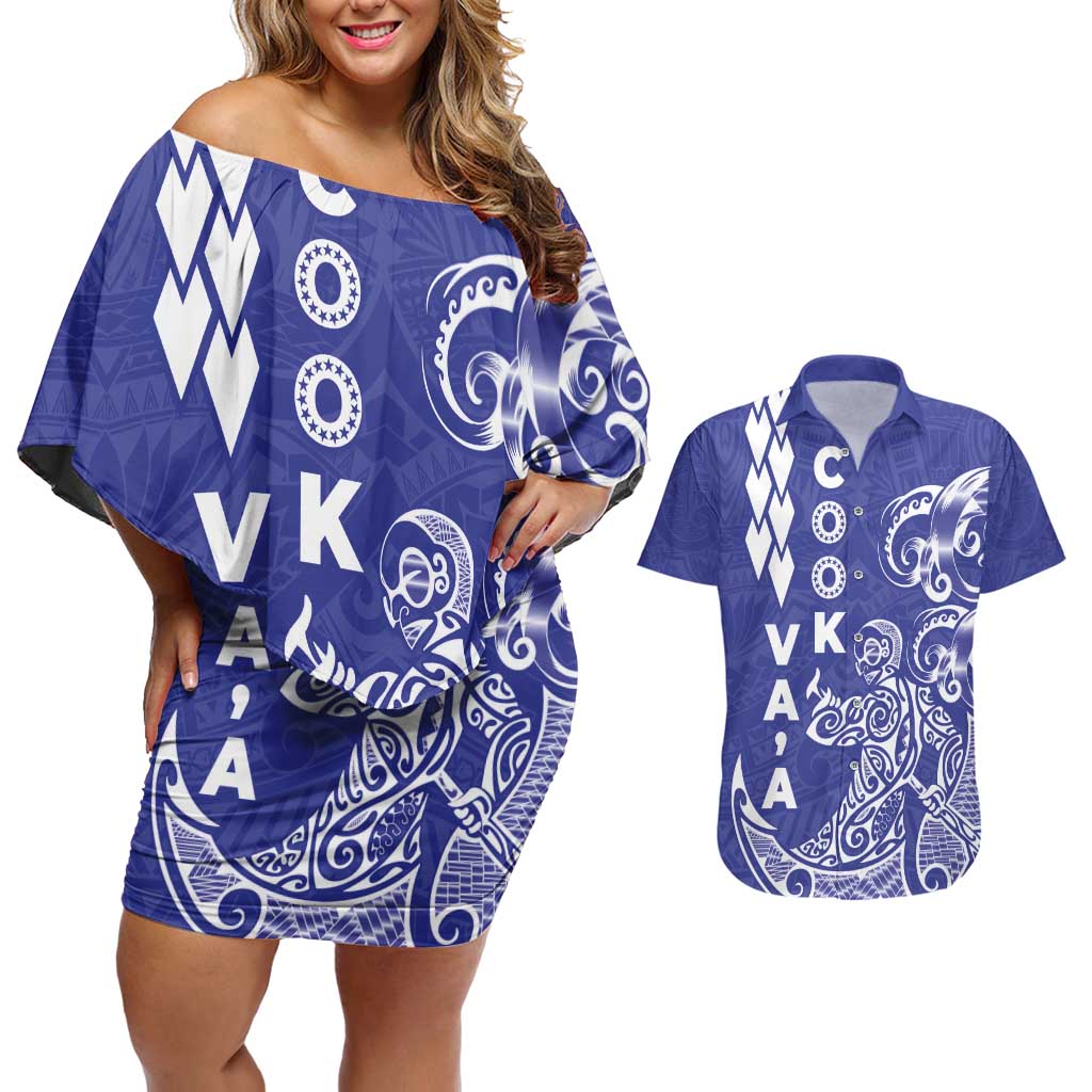 Cook Islands Vaa Polynesian Art Tattoo Couples Matching Off Shoulder Short Dress and Hawaiian Shirt Blue Color