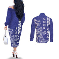 Cook Islands Vaa Polynesian Art Tattoo Couples Matching Off The Shoulder Long Sleeve Dress and Long Sleeve Button Shirt Blue Color
