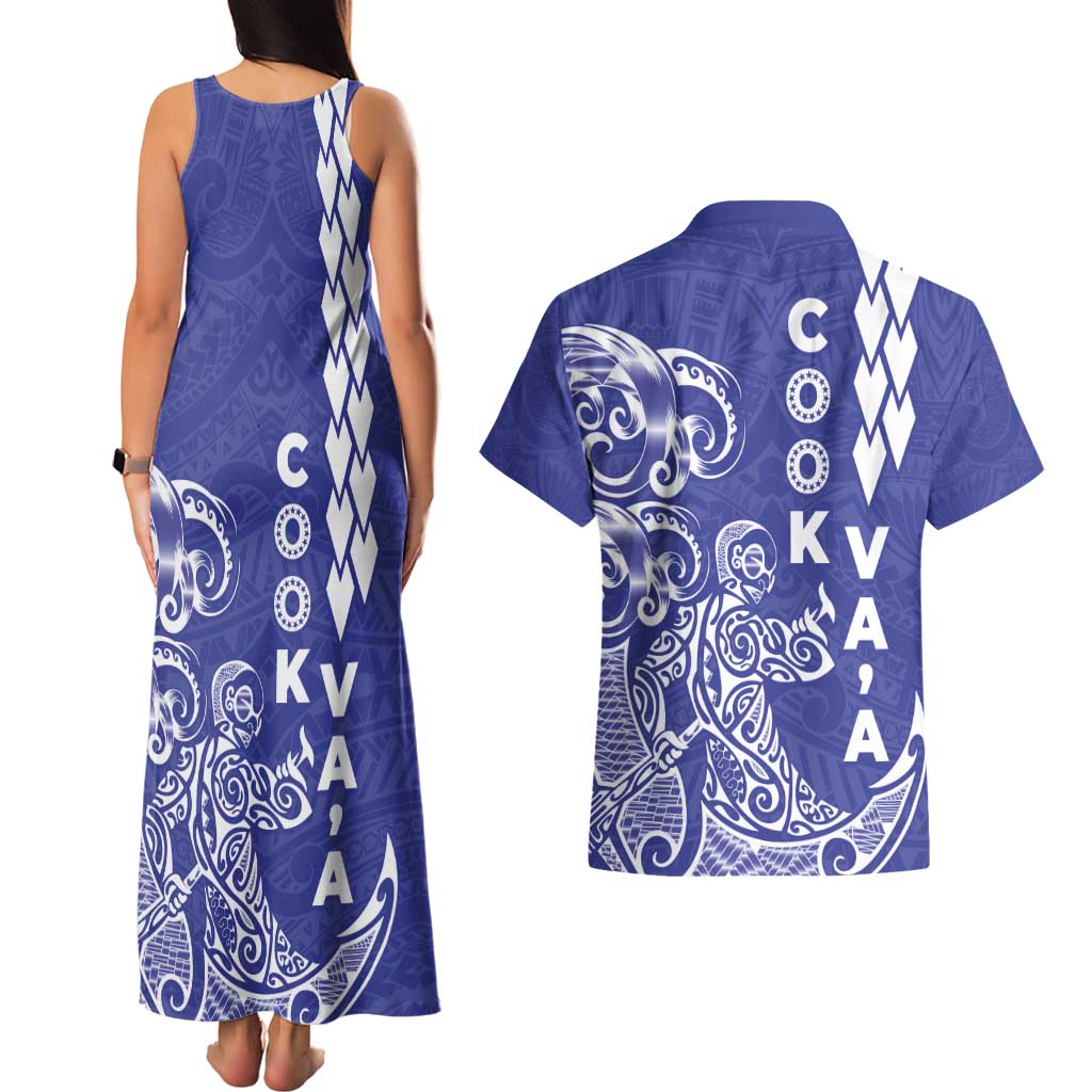 Cook Islands Vaa Polynesian Art Tattoo Couples Matching Tank Maxi Dress and Hawaiian Shirt Blue Color