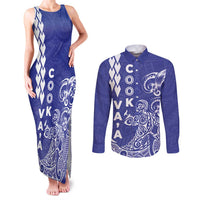 Cook Islands Vaa Polynesian Art Tattoo Couples Matching Tank Maxi Dress and Long Sleeve Button Shirt Blue Color
