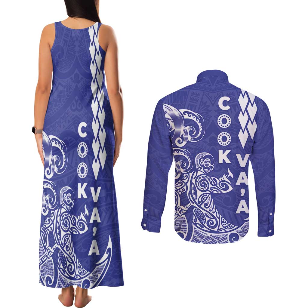 Cook Islands Vaa Polynesian Art Tattoo Couples Matching Tank Maxi Dress and Long Sleeve Button Shirt Blue Color