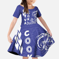 Cook Islands Vaa Polynesian Art Tattoo Family Matching Long Sleeve Bodycon Dress and Hawaiian Shirt Blue Color