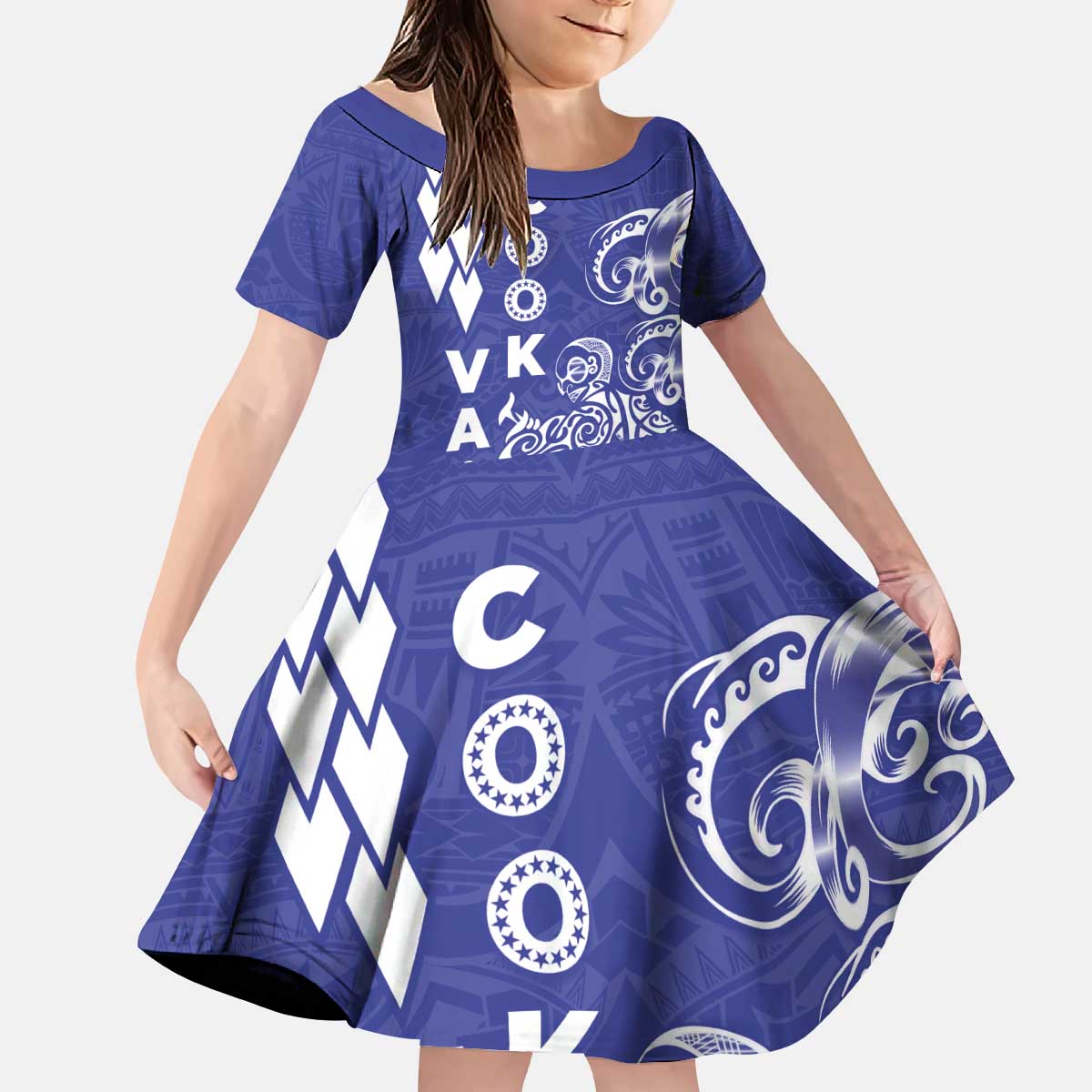 Cook Islands Vaa Polynesian Art Tattoo Kid Short Sleeve Dress Blue Color