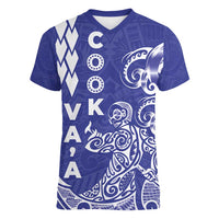 Cook Islands Vaa Polynesian Art Tattoo Women V-Neck T-Shirt Blue Color