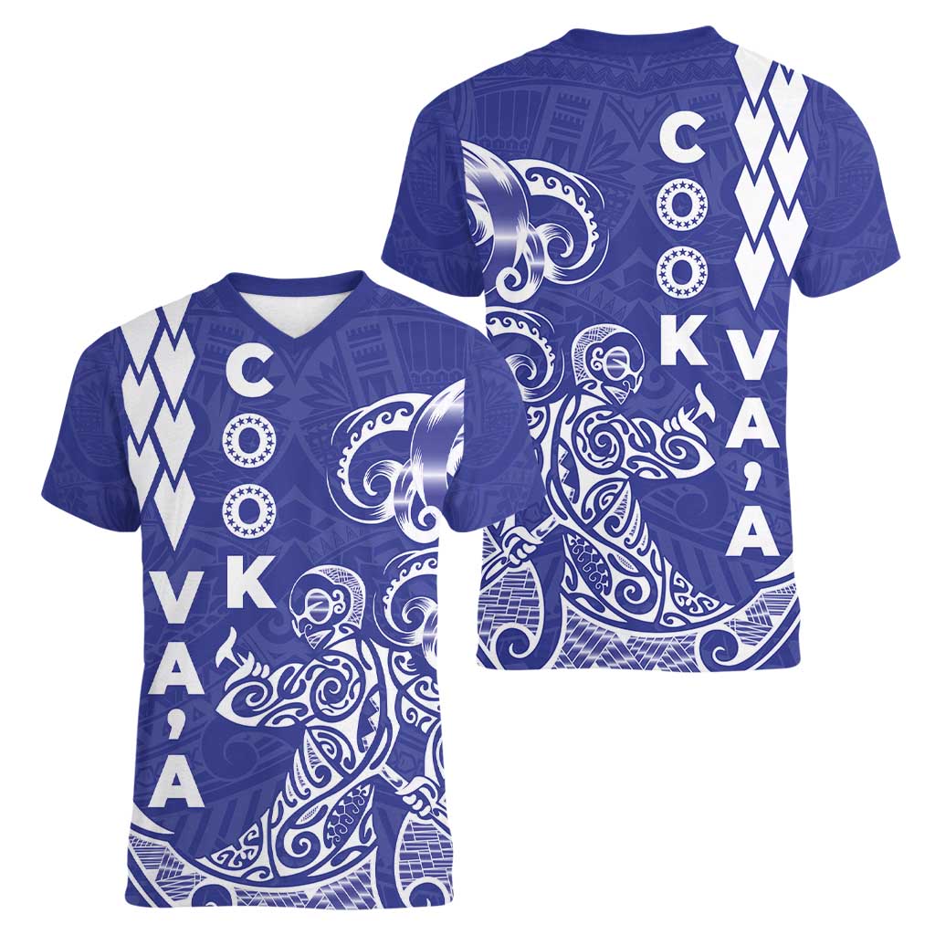 Cook Islands Vaa Polynesian Art Tattoo Women V-Neck T-Shirt Blue Color