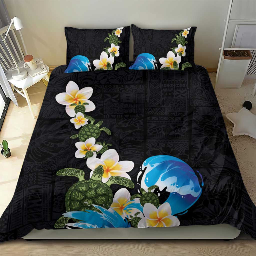 Hawaiian Plumeria and Turtle Bedding Set with Polynesian Tribal Art Pattern Vintage Vibes